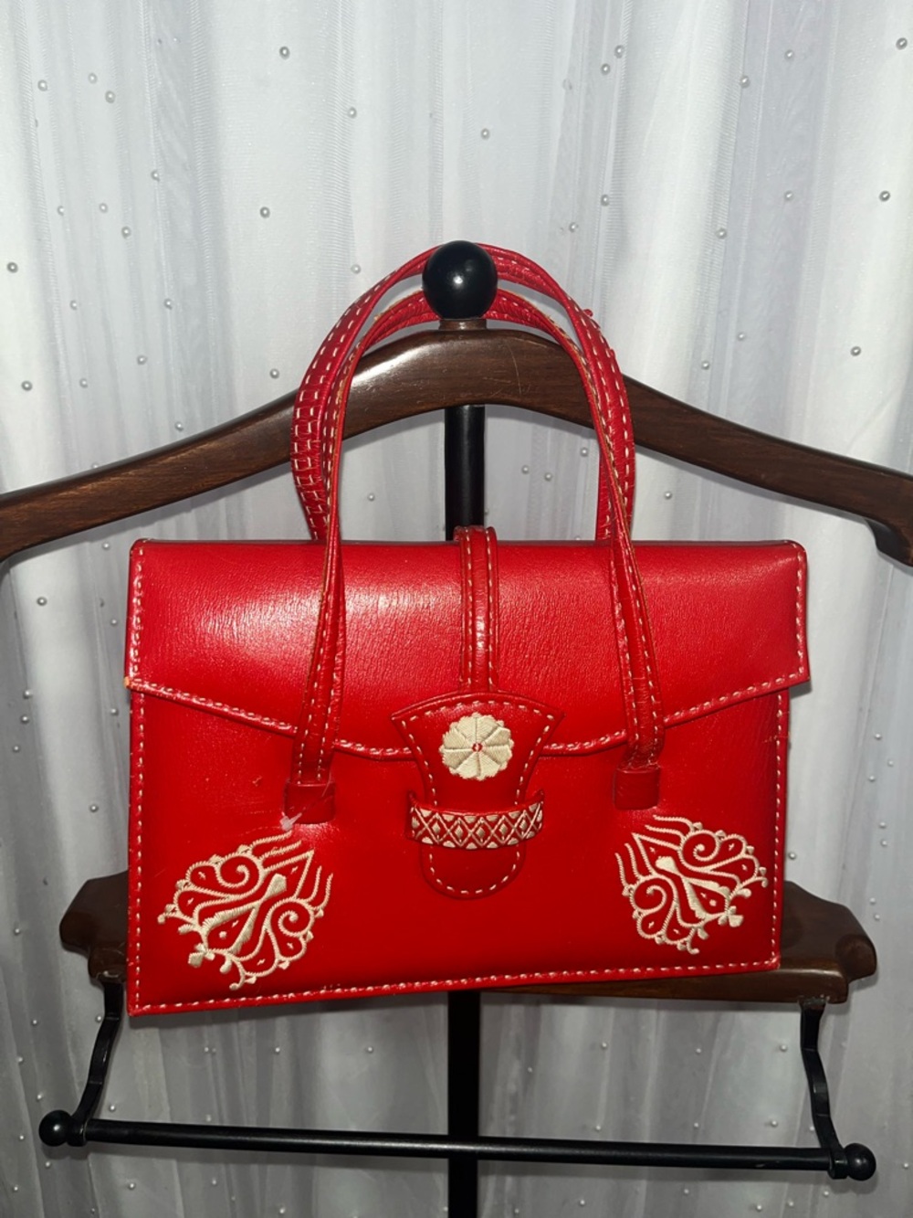 Red Embroidered Leather Top-Handle Bag